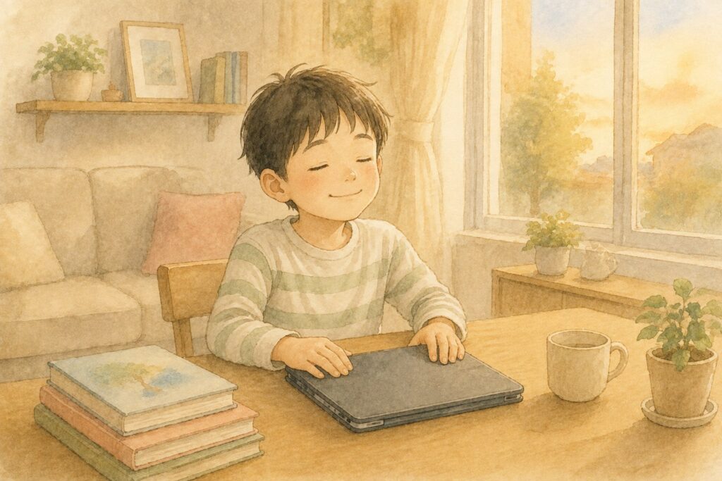 学習用タブレットを閉じてテーブルに置いた小学生。その日のぶんをやりきった様子