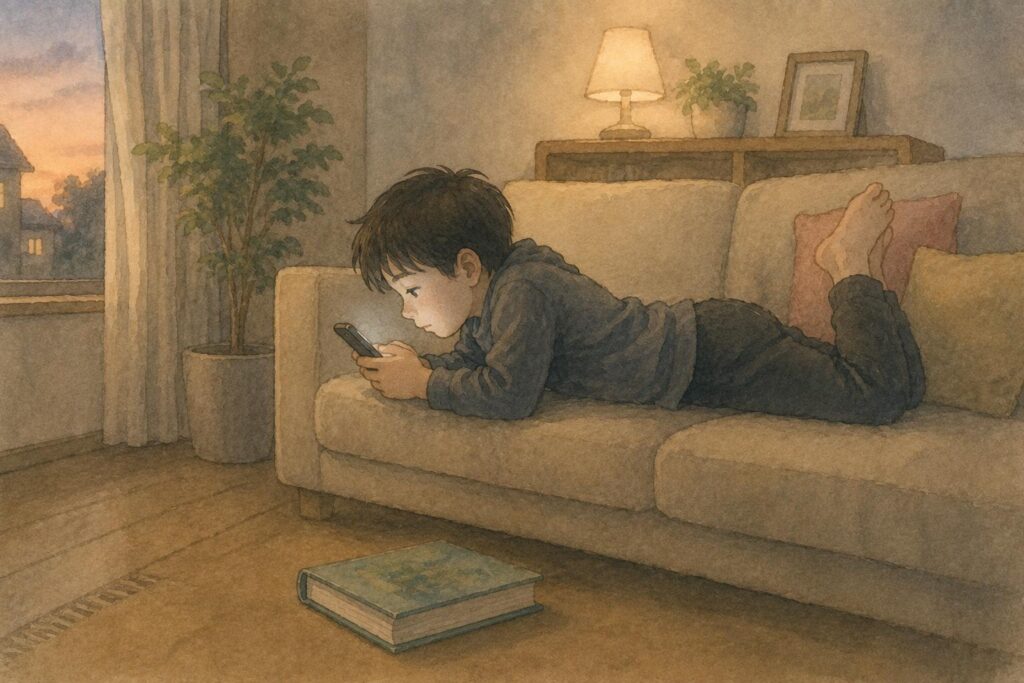 夕方の部屋でソファに寝そべりスマートフォンを見つづける子ども。床には開かれないままの本
