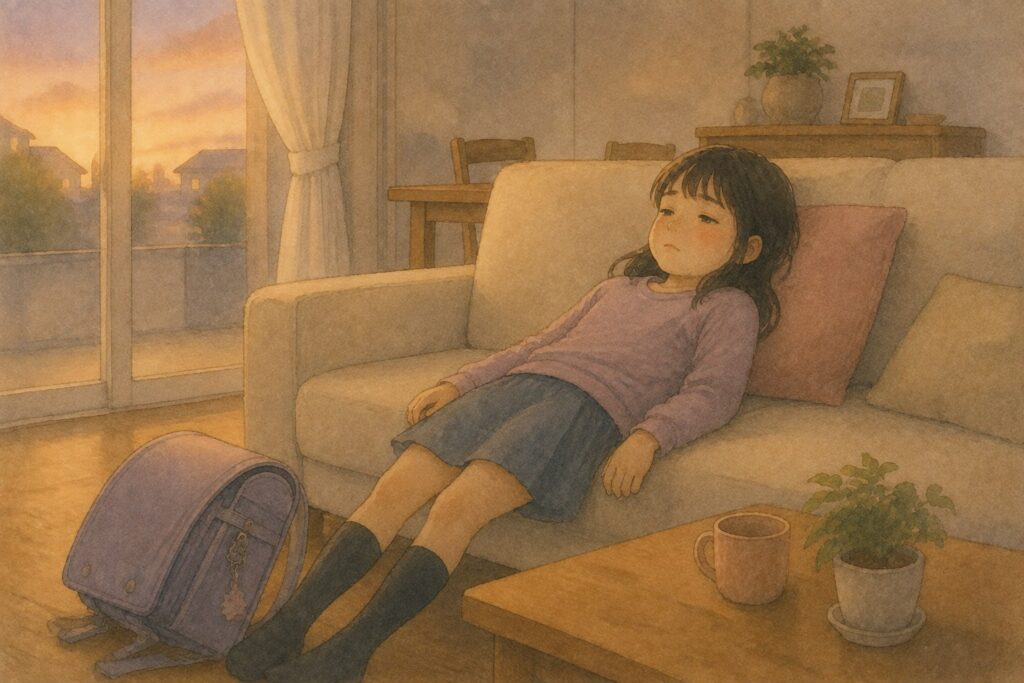 学校から帰ってきてランドセルを置き、ソファにもたれて疲れた顔をしている小学生