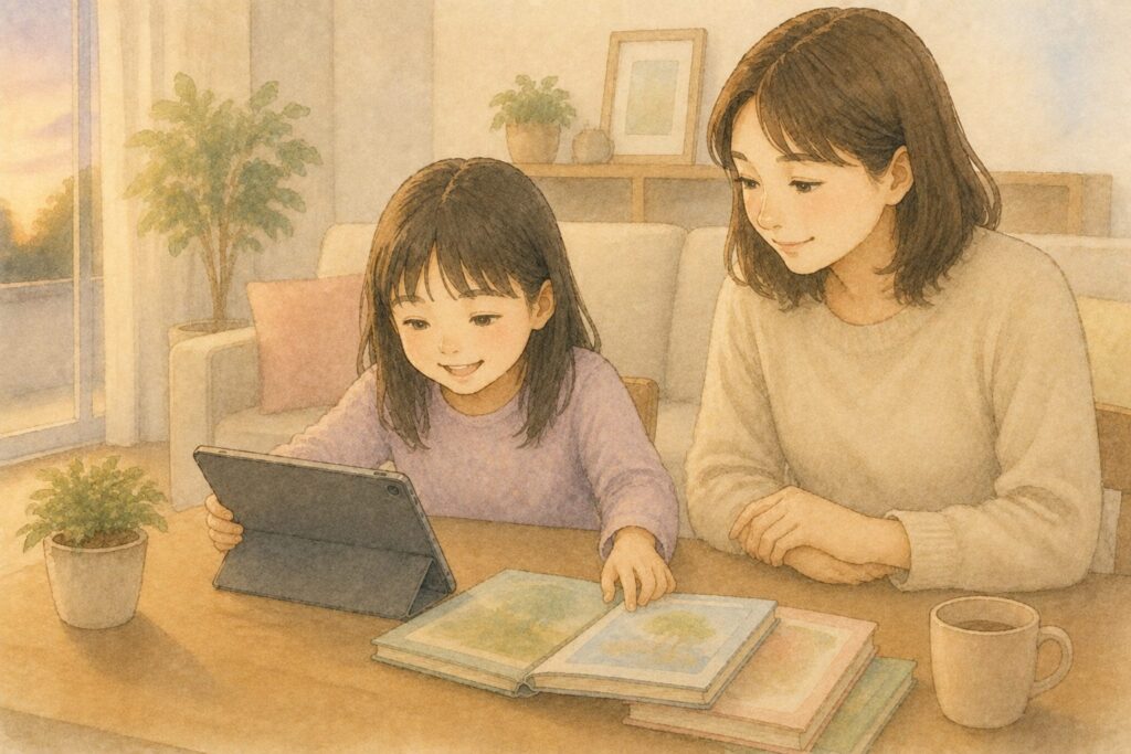 タブレットで読む本を選び、紙の本を開いている小学生と母親