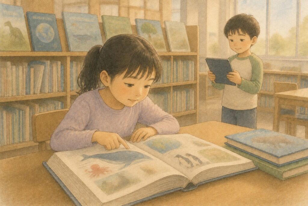 学校の図書室で調べもの用の本を開く子どもと、タブレットを持って立つ子ども