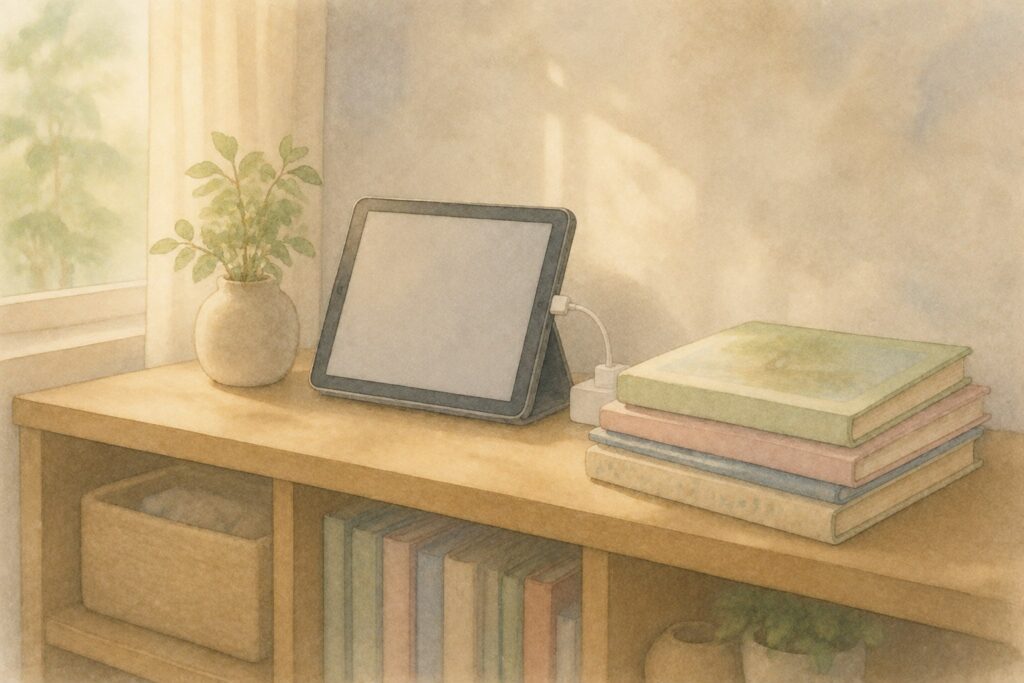 リビングの棚で充電されているタブレットと、そのとなりに積まれた子どもの本