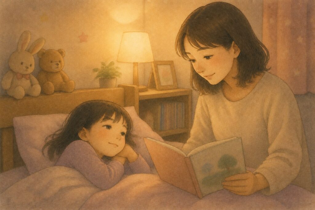 寝る前の子ども部屋で、母親が紙の本を読み聞かせている場面