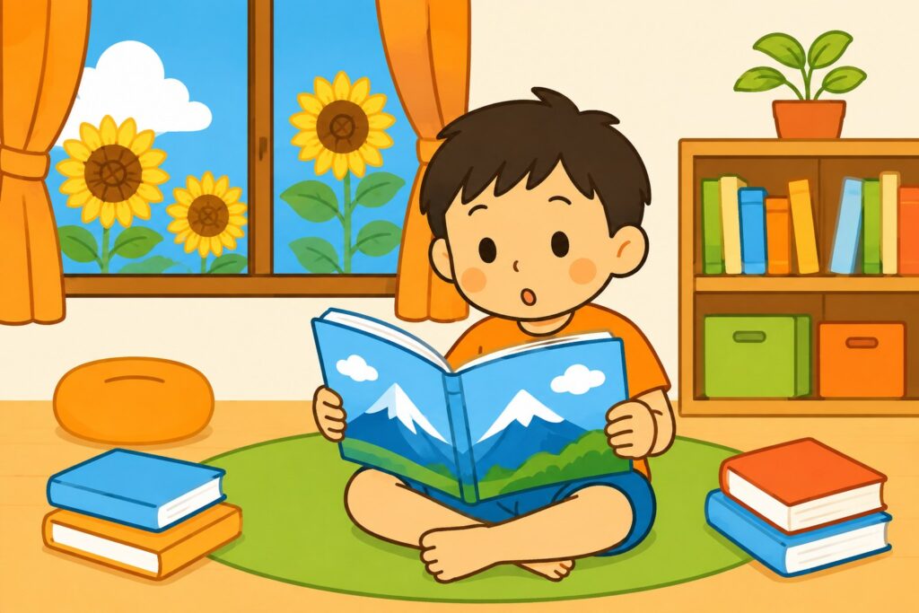 真夏の部屋。窓の外にひまわりが咲くなか、雪山の絵本を開いてきょとんとしている男の子