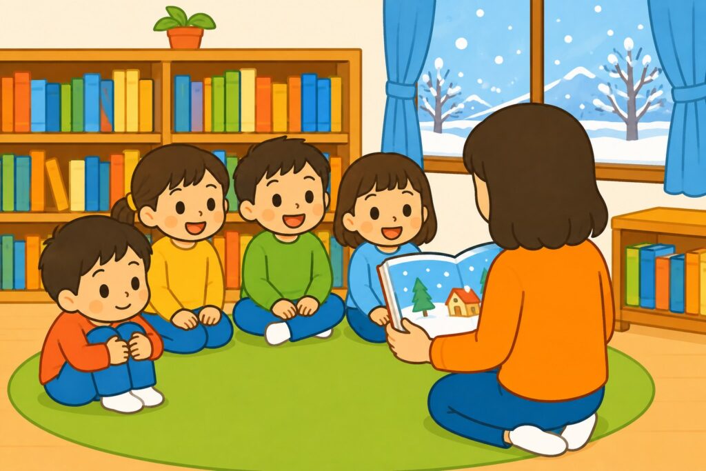冬の学校図書室で読み聞かせを聞く子どもたち。手前のひとりが膝を抱えて小さくなっている
