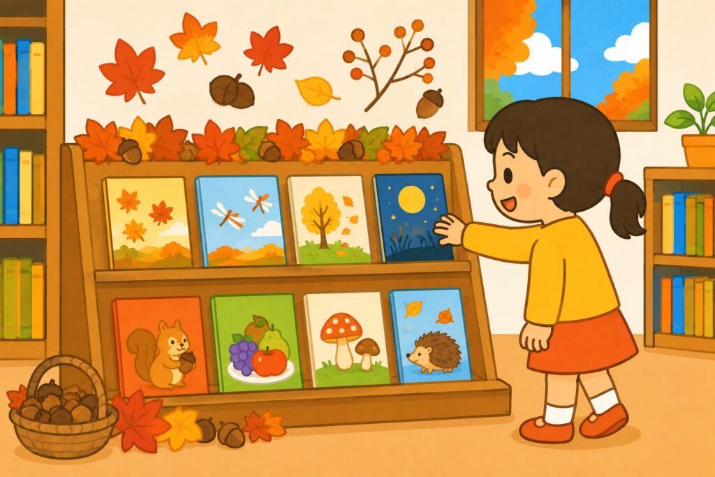 図書室の秋の展示棚。どんぐりや紅葉の飾りがついた棚の本に、女の子が手をのばしている