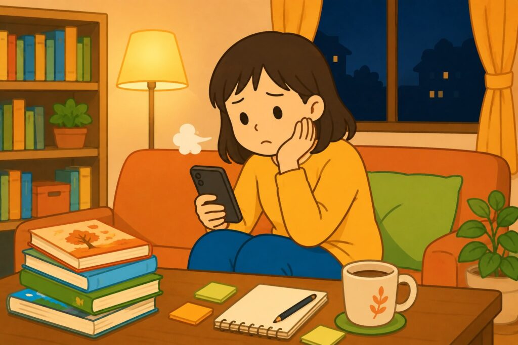夜のリビングで、スマートフォンを見ながら子どもに読ませる本を探して疲れた表情の母親
