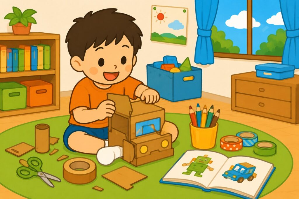 夏休みの部屋で段ボール工作をする男の子。そばに開いた本が置いてある