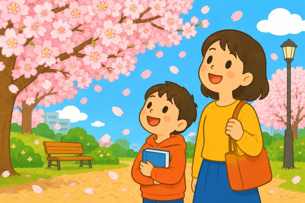 春の公園で、本を胸に抱えた子どもと母親が満開の桜を見上げている