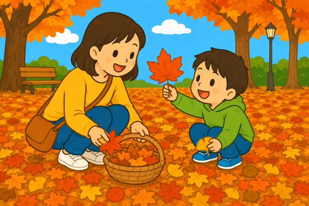 秋の公園で、親子がしゃがんで落ち葉を拾い集めている。子どもが拾ったもみじの葉を母親に見せている