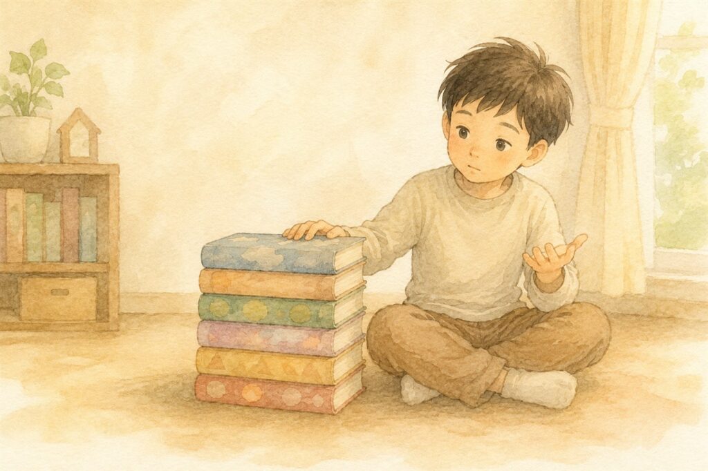 読み終えた本を積み上げた横で、次に何を読もうかと考えている男の子