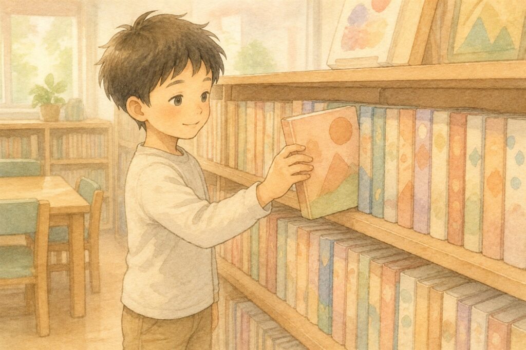 小学校の図書室で、同じシリーズが並ぶ棚から一冊を引き抜いている男の子