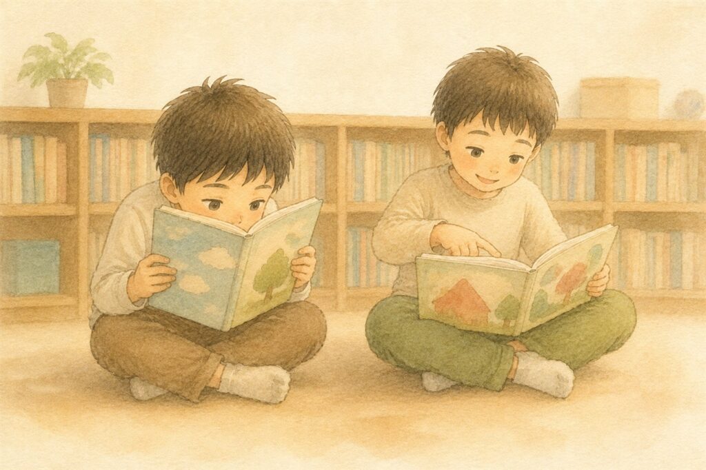 床にすわって本を読む二人の子ども。一人は文章を追い、一人はページの絵を指さしている