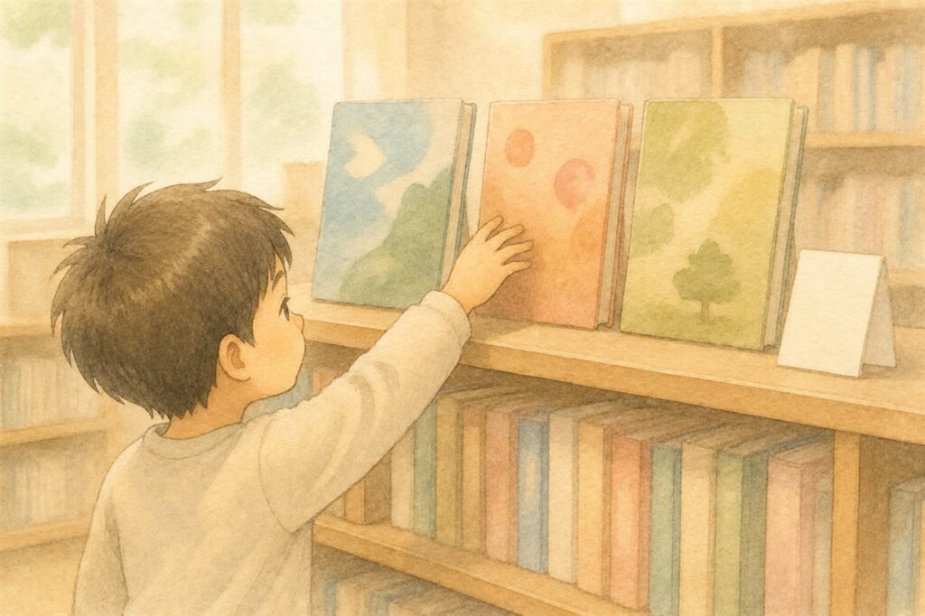図書室の棚に表紙を見せて並べられた本に、手をのばしている男の子