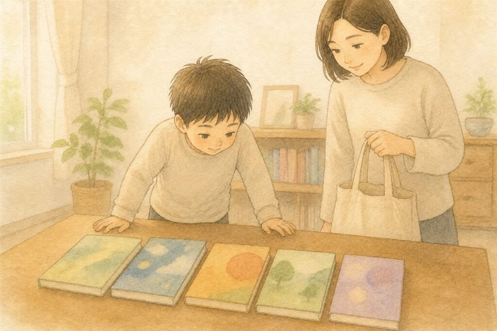 テーブルに並べた図書館の本五冊を、上からのぞきこんで選んでいる男の子と母親