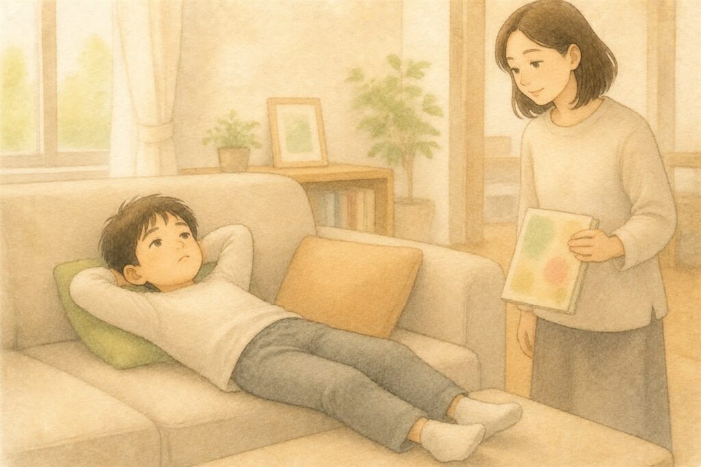 ソファで退屈そうに横になっている男の子に、本を一冊持って近づく母親