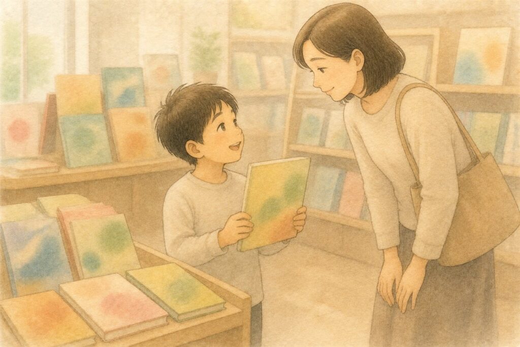 書店で自分が見つけた本を両手で持ち、目を輝かせて母親を見上げる男の子