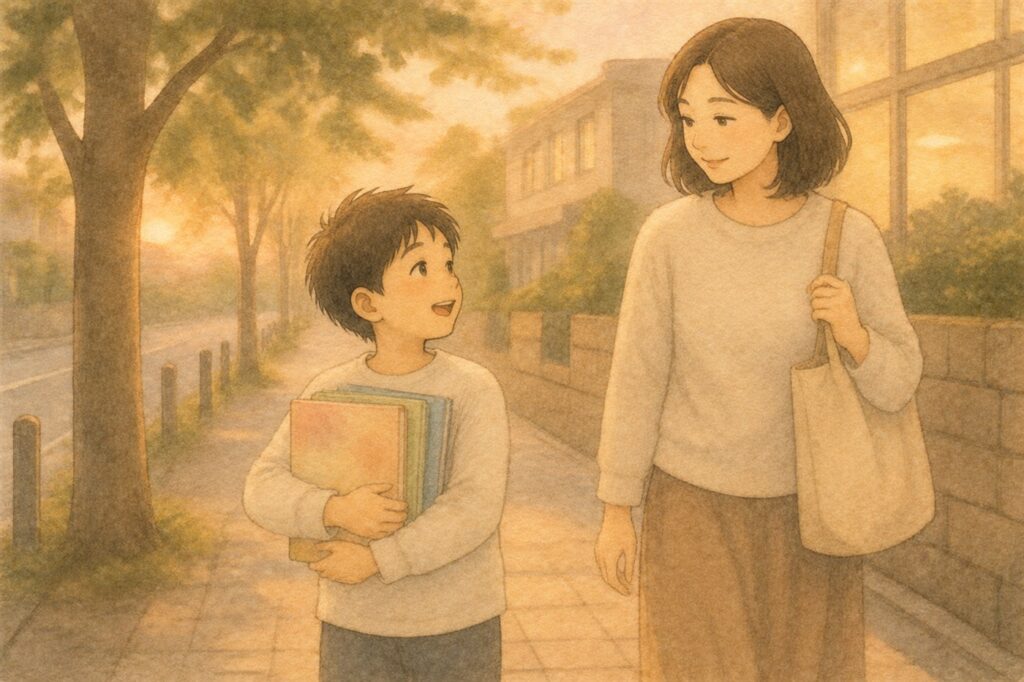夕方の帰り道。本を三冊かかえて歩きながら、母親をふりかえって話す男の子