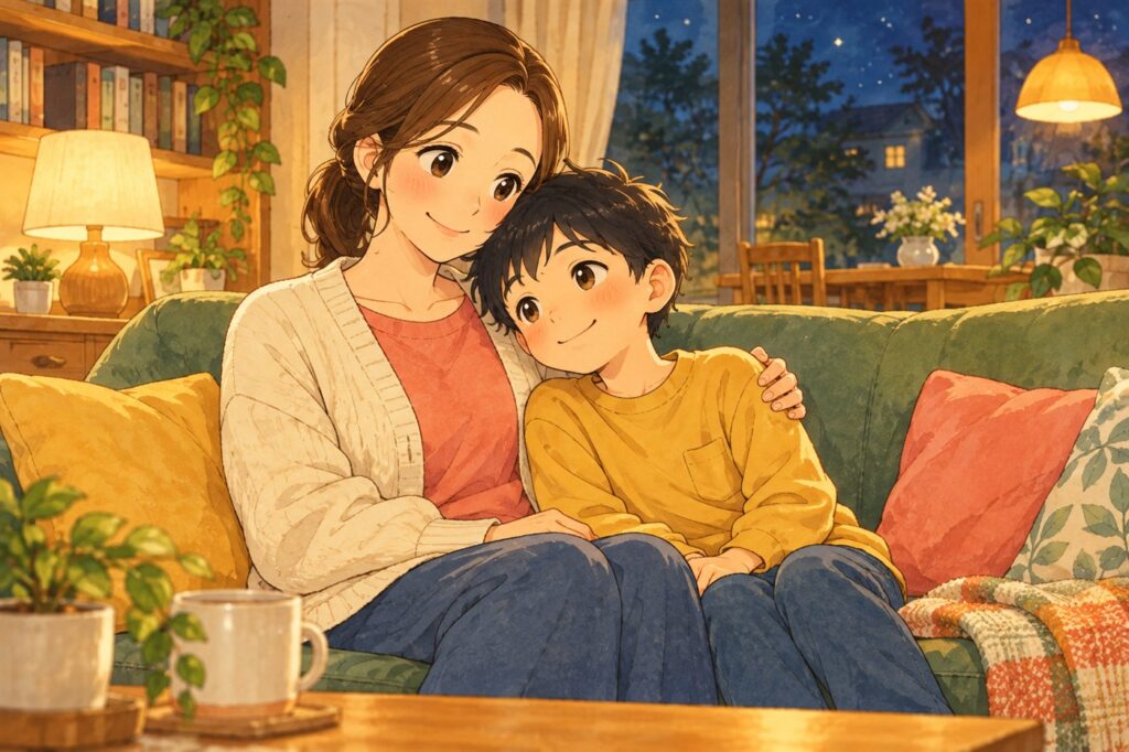 夜のソファで、お母さんの肩に頭をもたせかけて甘える小学生の男の子