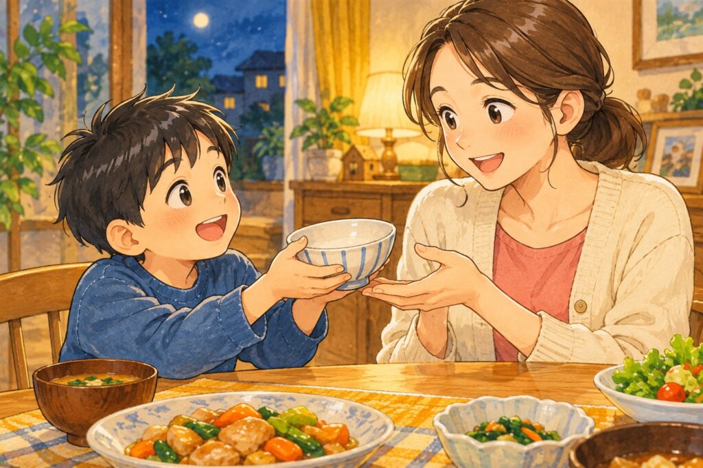 空のごはん茶碗を差し出しておかわりを頼む男の子と、笑って受け取ろうとするお母さん
