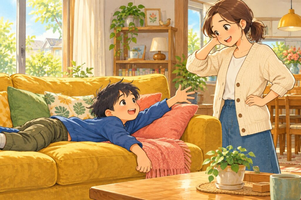 ソファに寝そべって手をのばして頼みごとをする男の子と、腰に手を当てて困ったように笑うお母さん