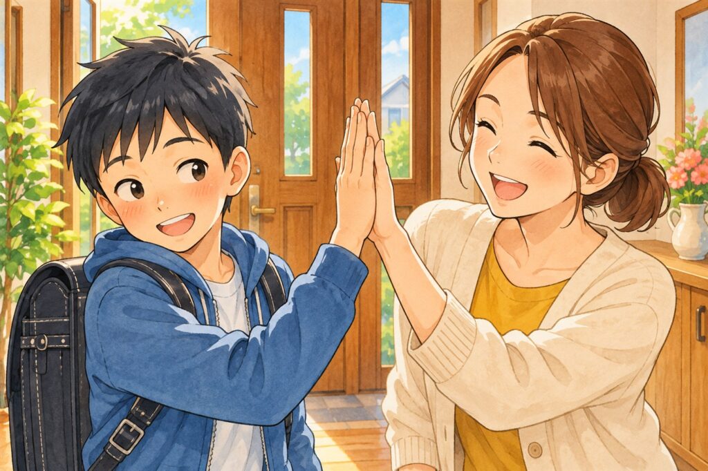 玄関で、照れながらお母さんとハイタッチをする高学年の男の子