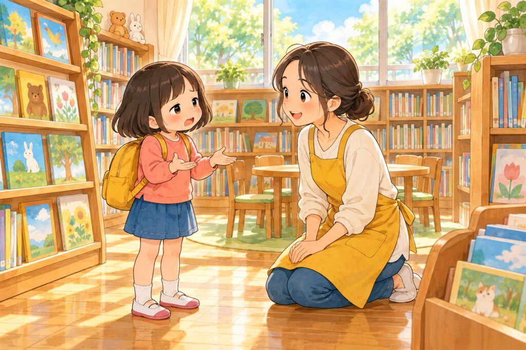 図書室でひざをついて目線を合わせ、低学年の女の子の話を聞く学校司書