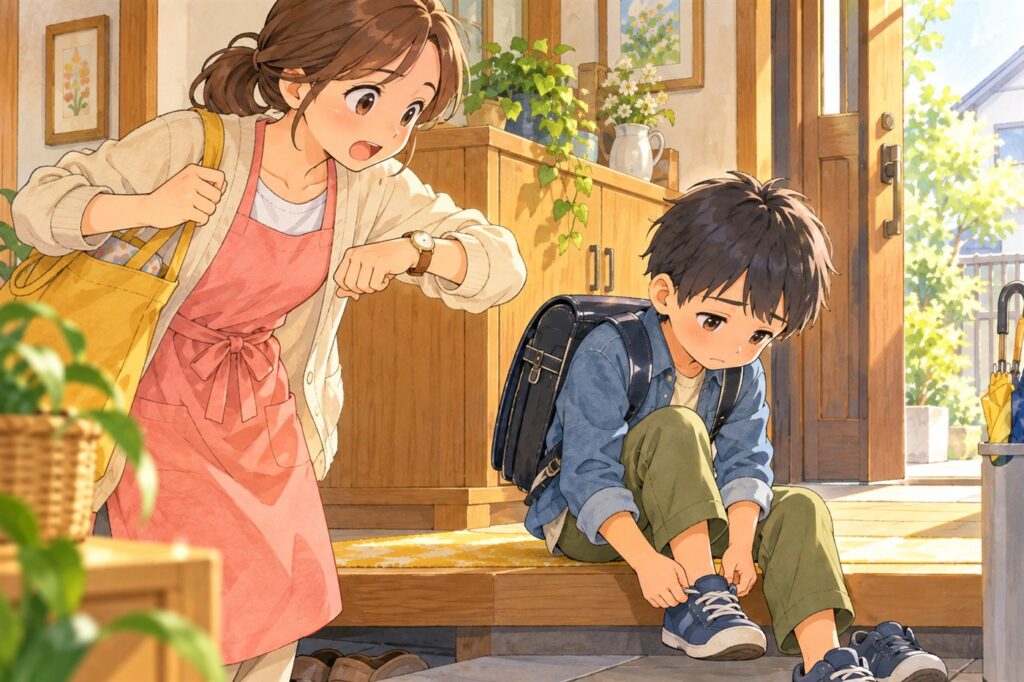 朝の玄関で時計を気にして急かすお母さんと、うつむいて靴をはく男の子