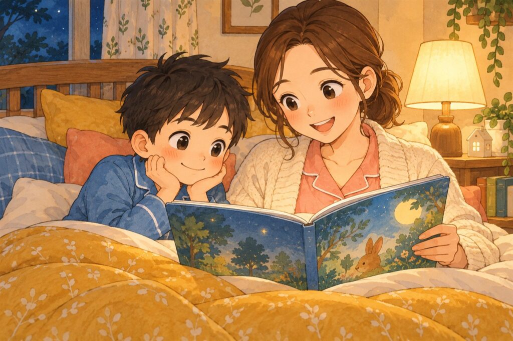 布団の中でお母さんが読む絵本を、照れくさそうにのぞきこむ男の子
