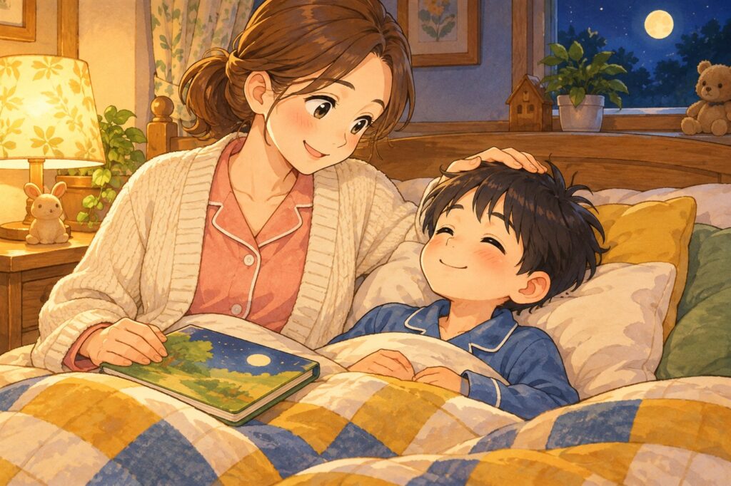絵本を読み終えて、布団に入った男の子の頭にそっと手を置くお母さん