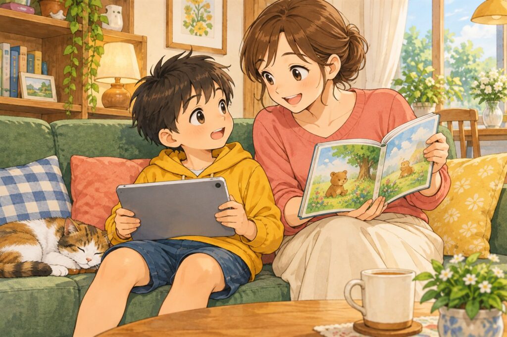タブレットで動画を見ている男の子に、お母さんが絵本を見せて声をかけている