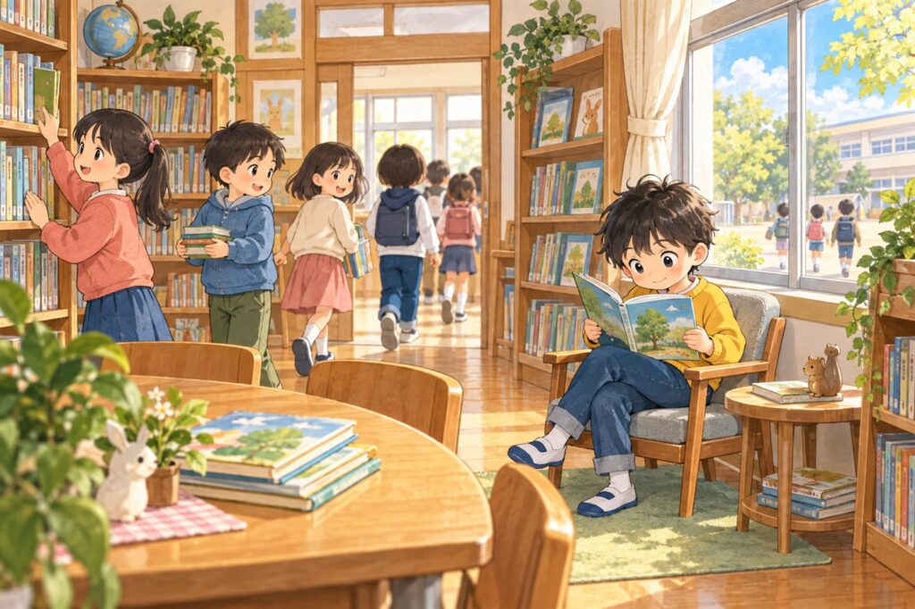 図書室で本に夢中になり、予鈴に気づかない小学生