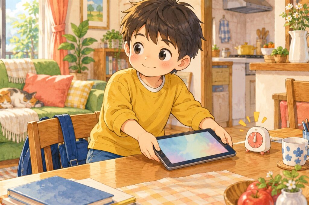 タイマーが鳴って、自分でタブレットを置こうとしている男の子