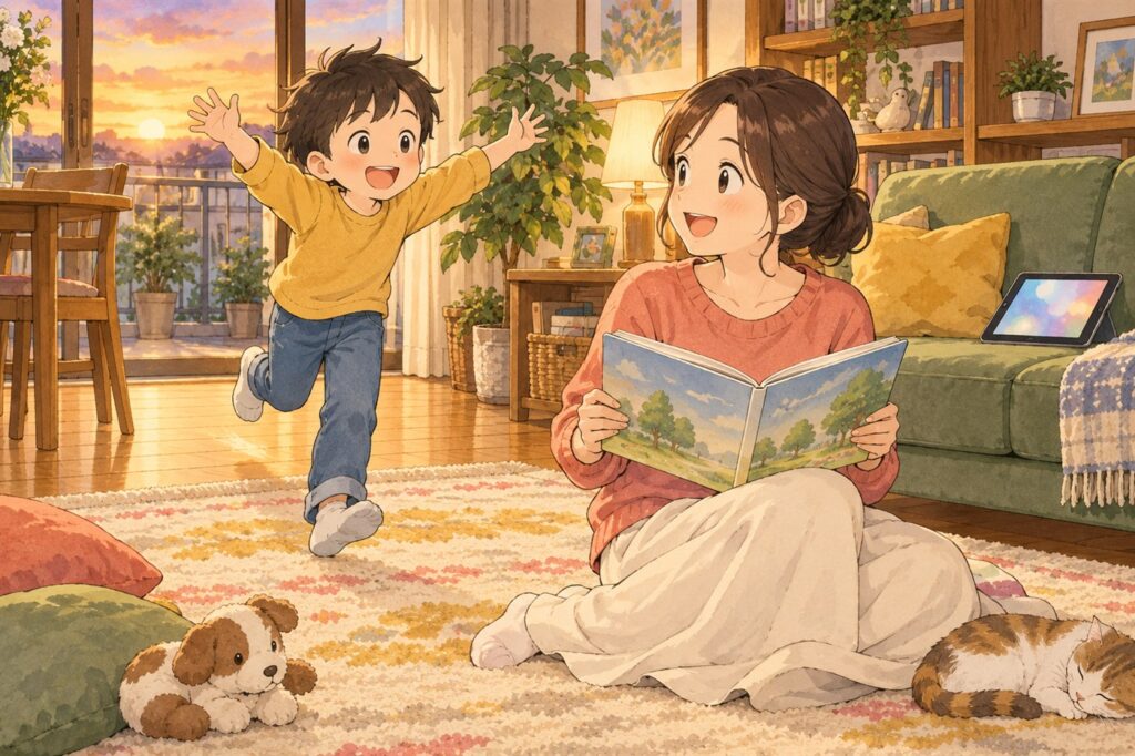 「読み聞かせするからおいで」と呼ばれて、うれしそうに駆け寄る男の子