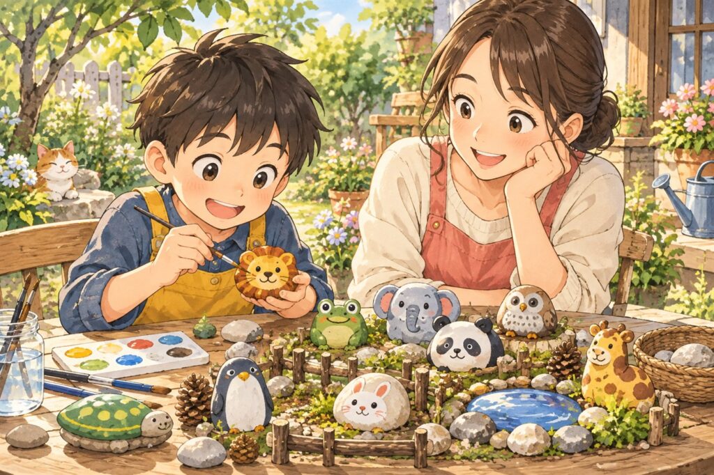 色をぬった石を並べて「石ころ動物園」を作っている親子