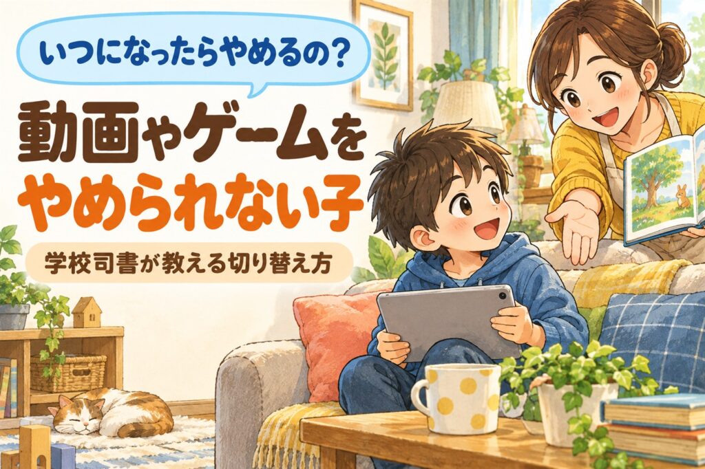 動画やゲームをやめられない小学生と、学校司書が教える切り替え方を解説する記事のアイキャッチ