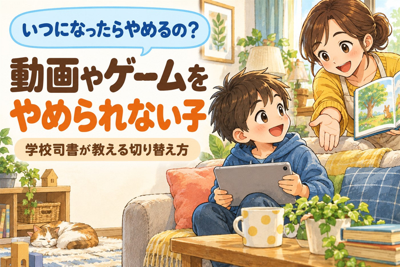 動画やゲームをやめられない小学生と、学校司書が教える切り替え方を解説する記事のアイキャッチ