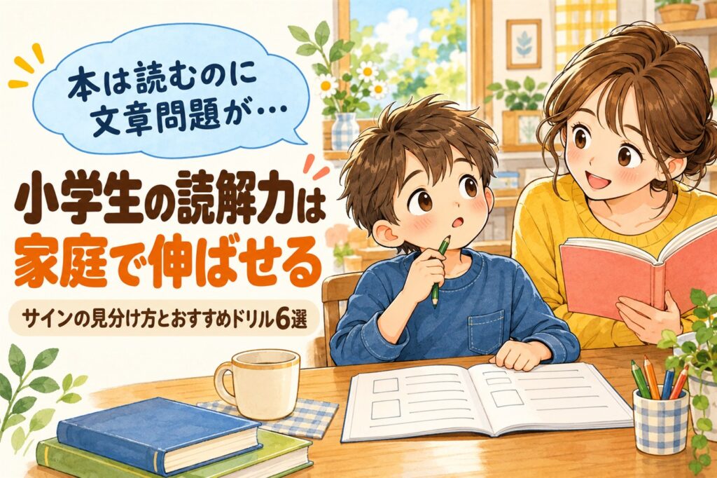 本は読むのに文章問題が…小学生の読解力は家庭で伸ばせる。サインの見分け方とおすすめドリル6選。ドリルに取り組む男の子と話しかける母親のイラスト