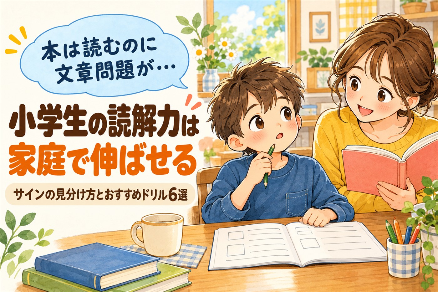 本は読むのに文章問題が…小学生の読解力は家庭で伸ばせる。サインの見分け方とおすすめドリル6選。ドリルに取り組む男の子と話しかける母親のイラスト
