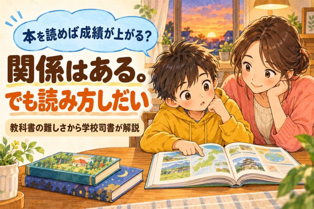 本を読めば成績が上がる？関係はある。でも読み方しだい。教科書の難しさから学校司書が解説。教科書をのぞきこむ男の子と母親のイラスト