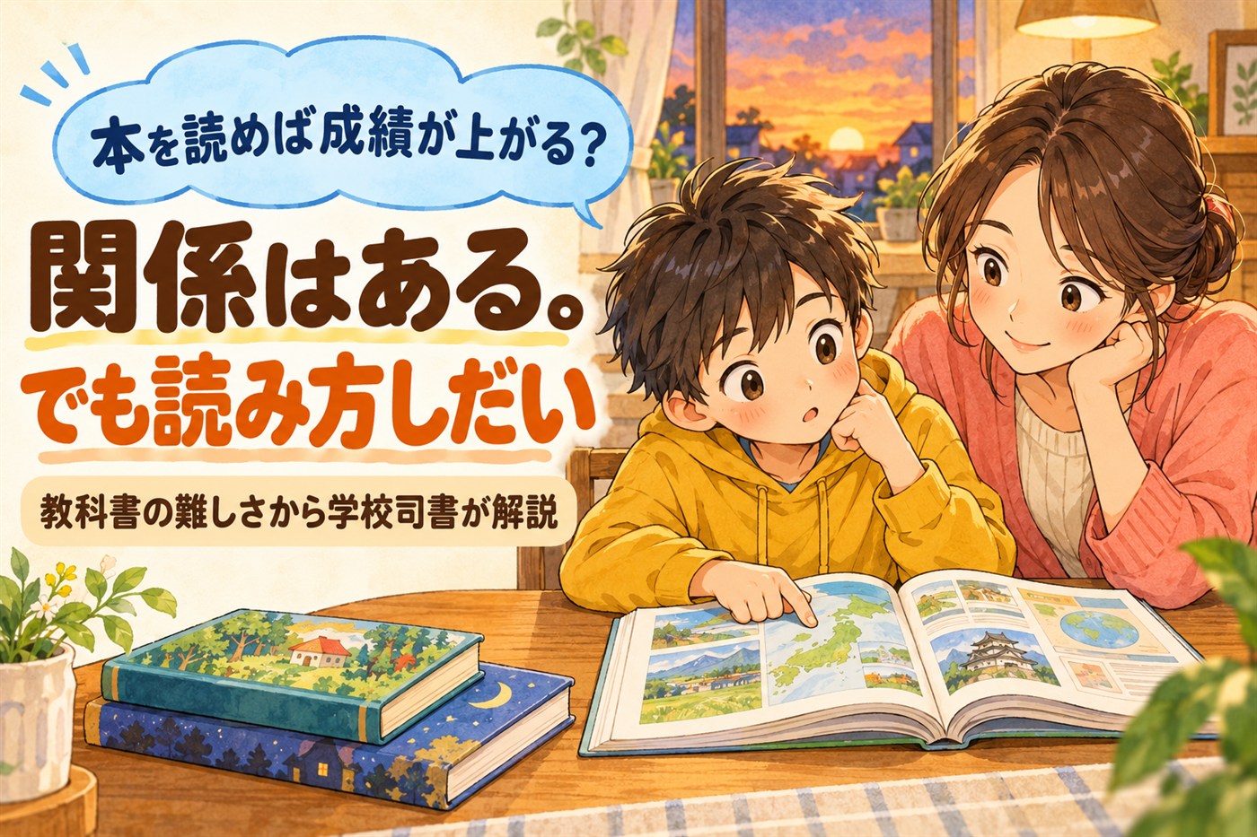 本を読めば成績が上がる?関係はある。でも読み方しだい。教科書の難しさから学校司書が解説。教科書をのぞきこむ男の子と母親のイラスト