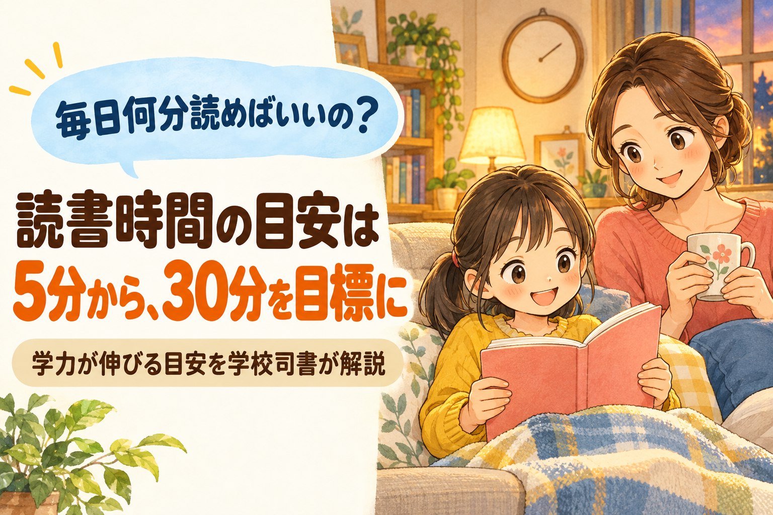 毎日何分読めばいいの?読書時間の目安は5分から、30分を目標に。学力が伸びる目安を学校司書が解説。ソファで本を読む女の子と見守る母親のイラスト