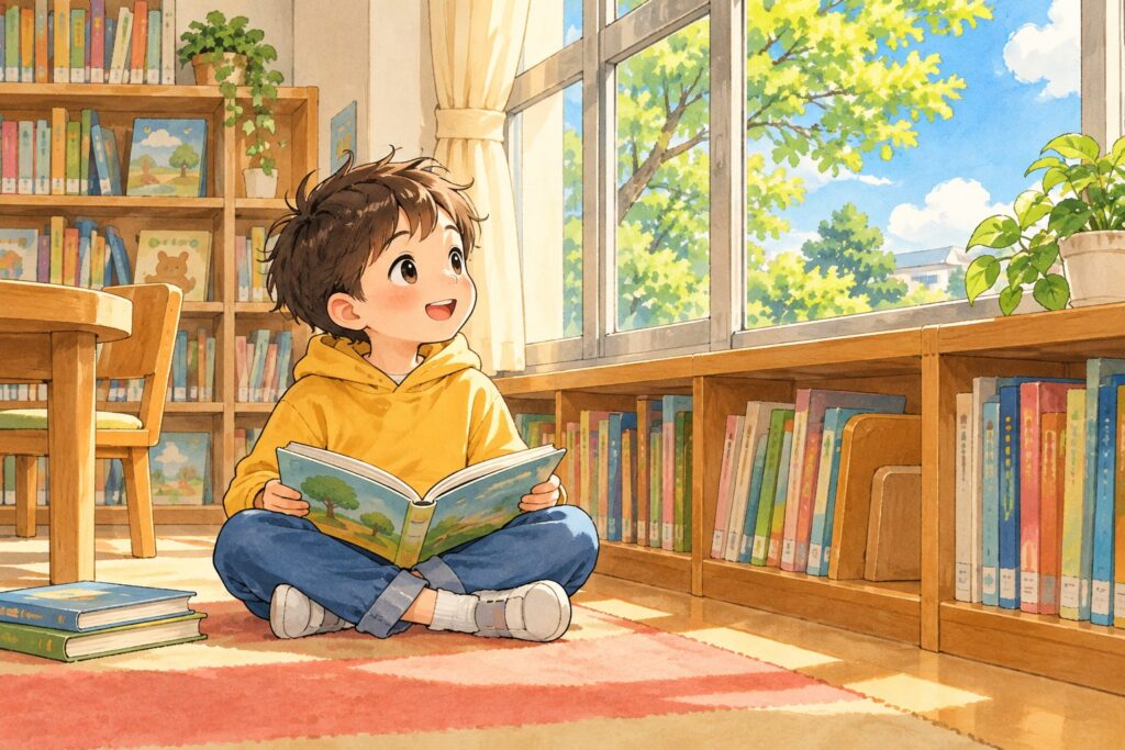 学校の図書室でゆかにすわって本を読み、いちど顔を上げて窓の外を見ている小学生の男の子