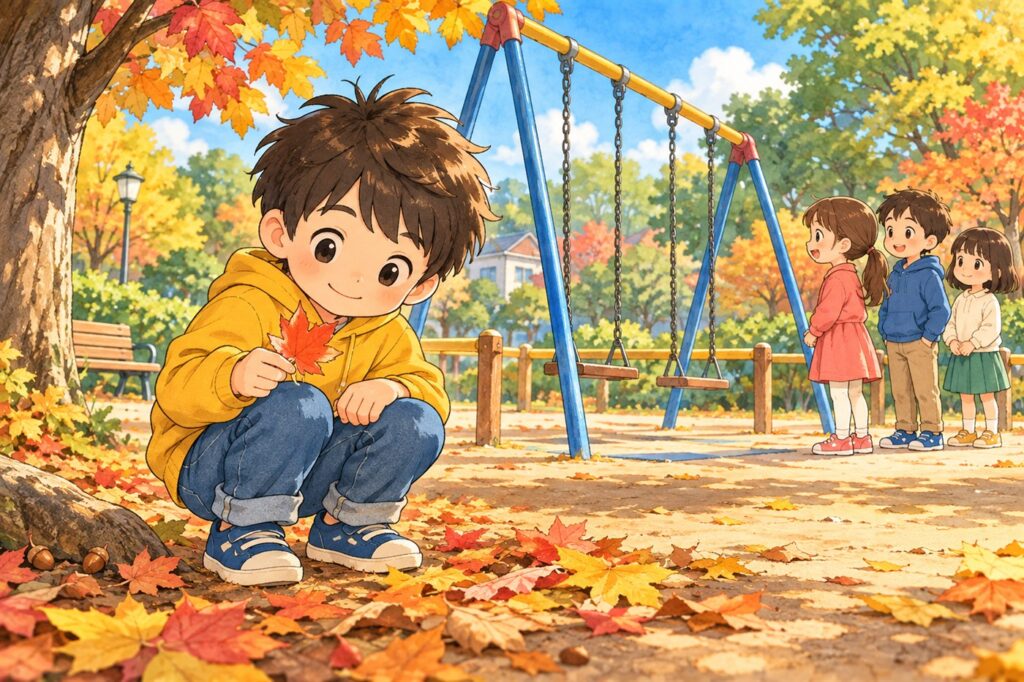 公園でブランコの順番を待ちながら、しゃがんで落ち葉をながめている男の子
