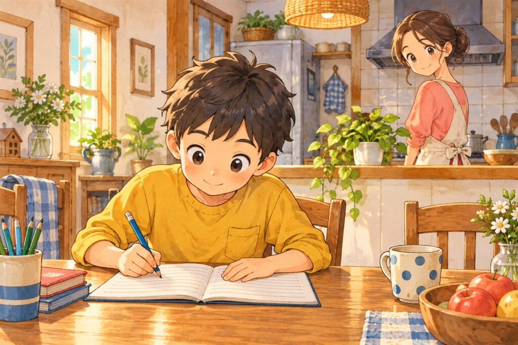ダイニングテーブルでノートに書く小学生と、声をかけずに見守る母親