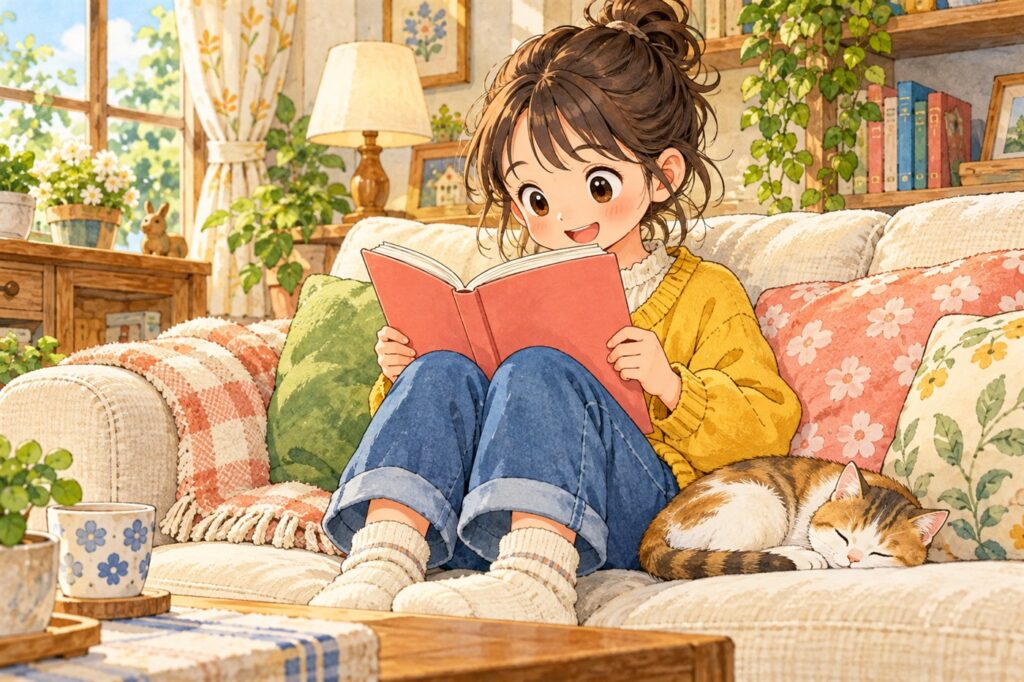 ソファでひざを立て、両手で本を持って夢中で読んでいる小学生の女の子