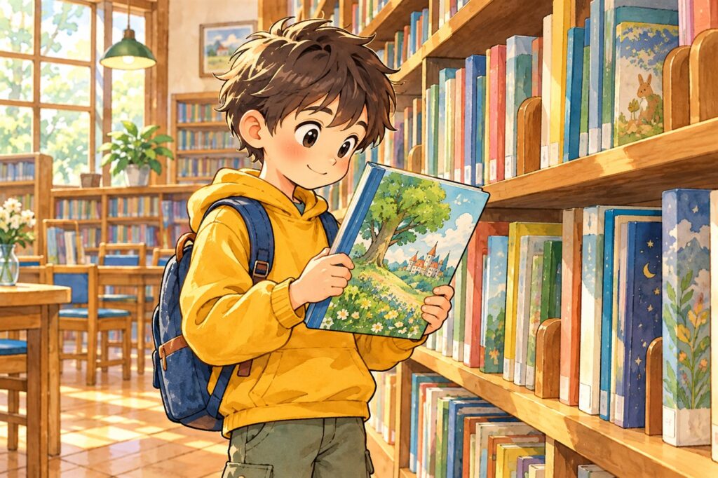 図書館の本だなの前で、1冊の本を手に取って表紙を見ている小学生の男の子