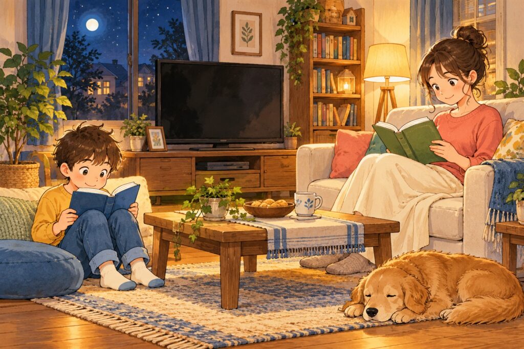 リビングで親子がそれぞれ別の本を読んでいる場面。テレビは消えている
