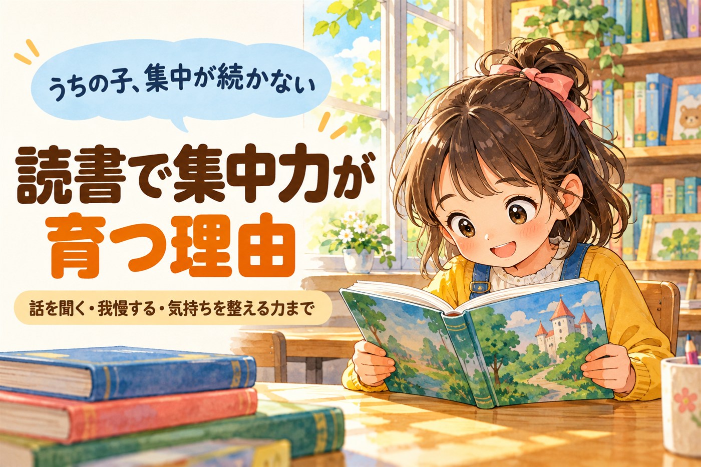 うちの子、集中が続かない。読書で集中力が育つ理由。話を聞く・我慢する・気持ちを整える力まで。図書室で本に夢中の女の子のイラスト