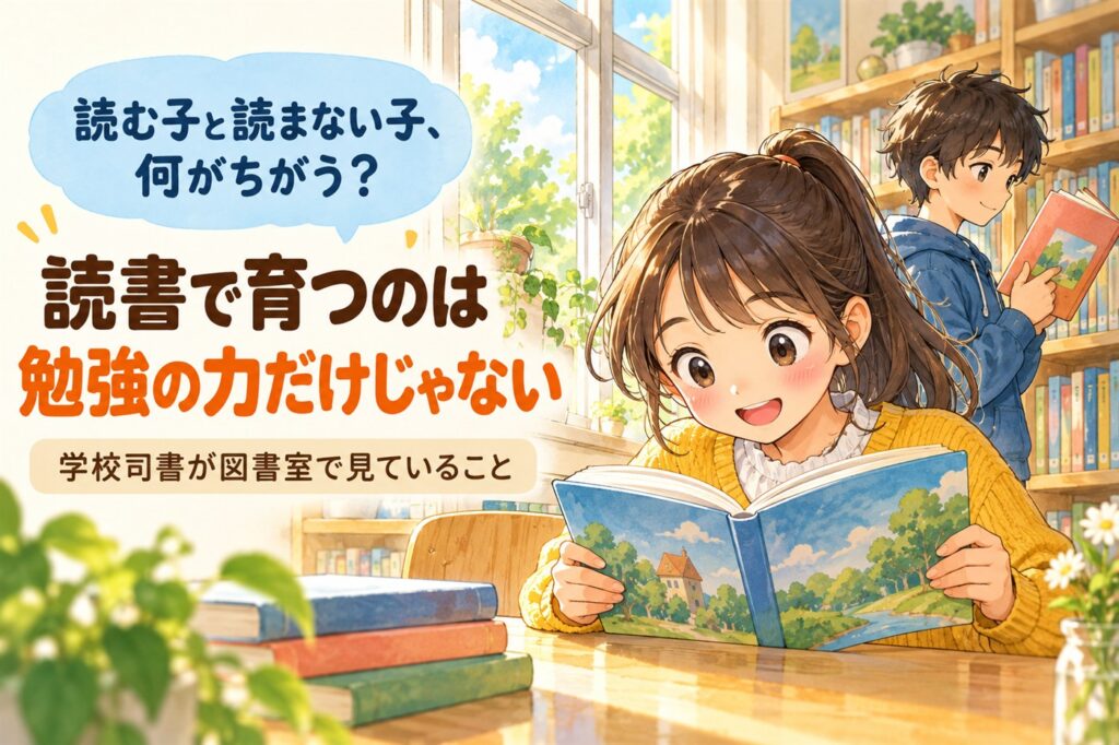 本を読む子と読まない子、何がちがう？読書で育つのは勉強の力だけじゃない。学校司書が図書室で見ていること。図書室で本に夢中になる女の子のイラスト